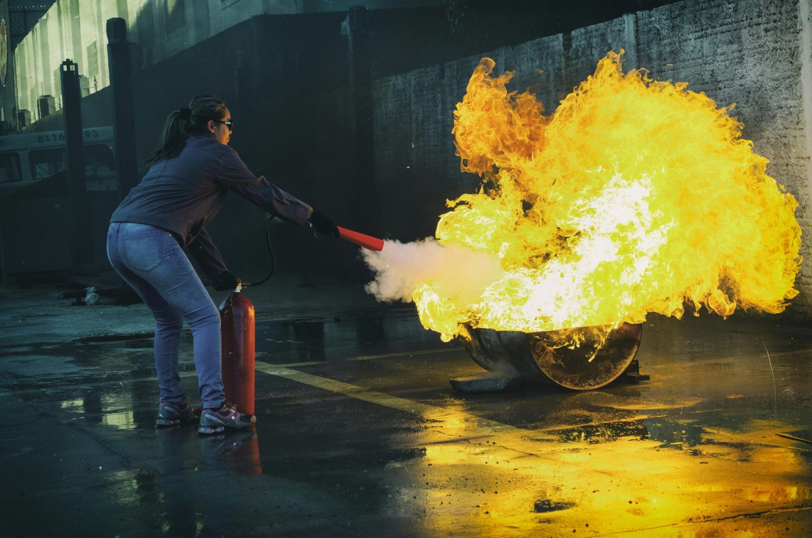 A woman uses a fire extinguisher to put out a large flame in an outdoor setting, showcasing fire safety.